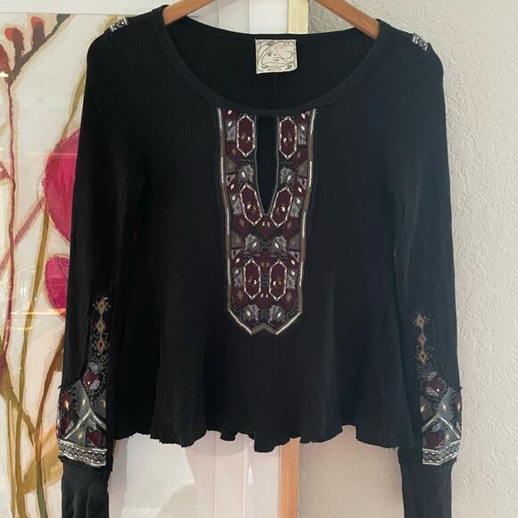 Free People x Marion Black Burgundy Embroidered Waffle Thermal Top Long Sleeve - Picture 5 of 9